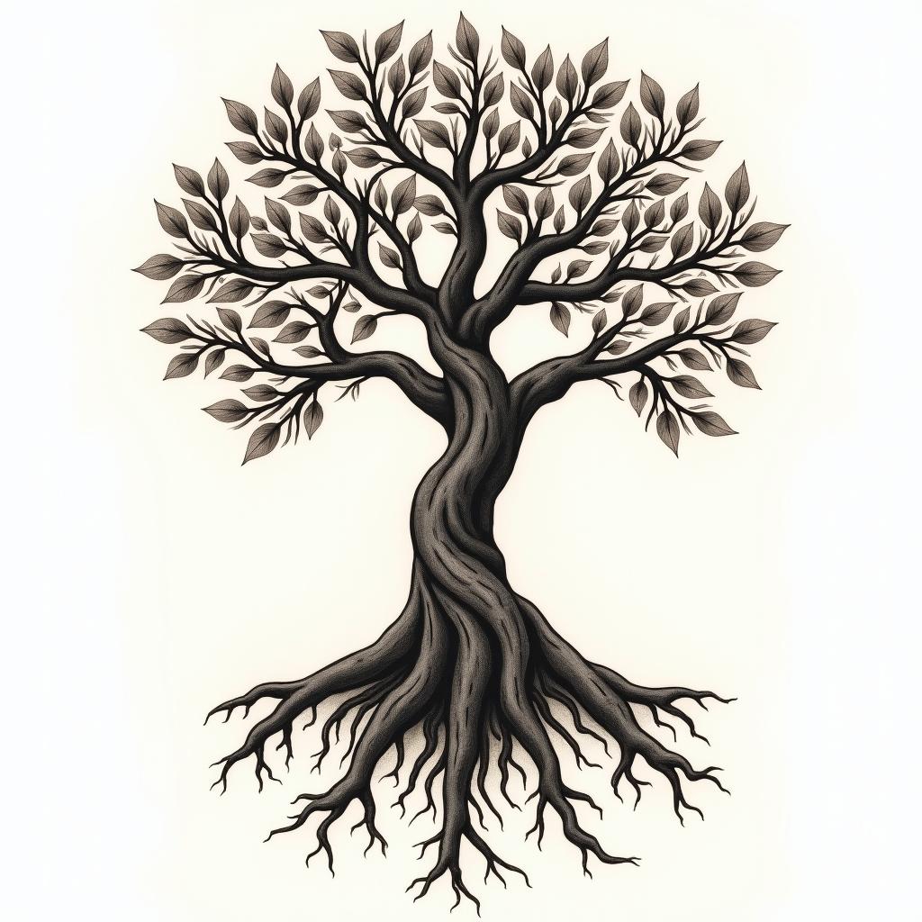 Tree of life with roots and branchesin victorian style tattoo, featuring vintage and elegant elements, ornate frames, roses, antique, sepia-toned color scheme - Variation 4