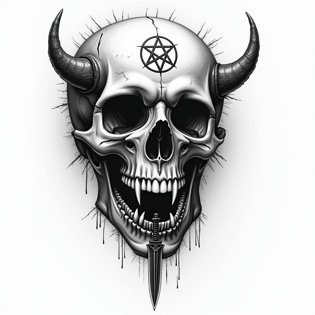 We seek the truth and endure the consequences,dagger,skullcreepy horror tattoo style, featuring an eerie and unsettling skull of a demonic creature, distorted face with sharp fangs, add pentagram symbol - Variation 4