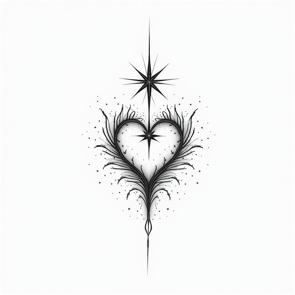 Sparkle star royalin Modest style tattoo, featuring soft, delicate line work with simple and meaningful symbols, gentle waves, a heart, evoking a sense of serenity and grace,