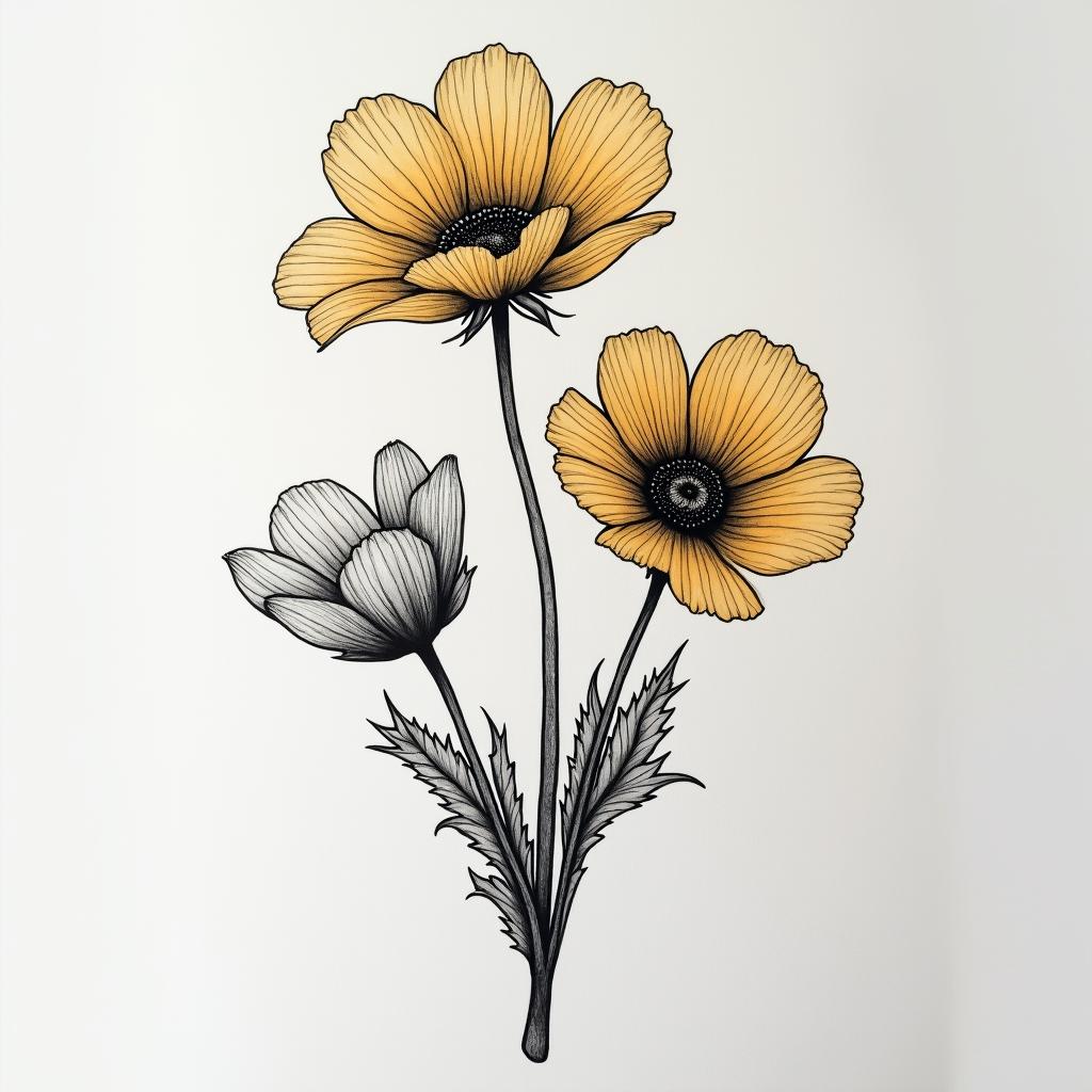 Tiny fine line behind the ear tattoo of golden poppies in different stages of bloominghigly detailed tattoo - Variation 2