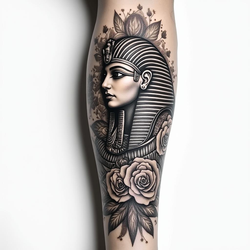 Forearm tattoo. With roses of different sizes but not too large. Fine lines.in egyptian style tattoo, bold elements of ancient egyptian culture including a portrait of an Egyptian pharaoh with detailed facial features, in hieroglyphs and symbolic imagery, eye of horus, ankh symbol, scarab beetle - Variation 4