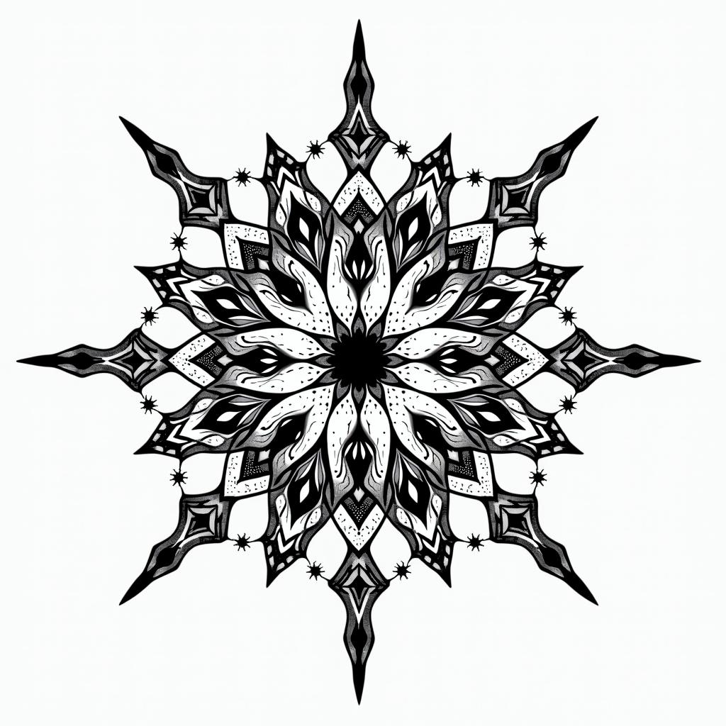 Sparkle star royalin dotwork style tattoo, complex mandala patterns, interlocking geometric shapes with sharp symmetry, clean lines, sharp angles - Variation 4