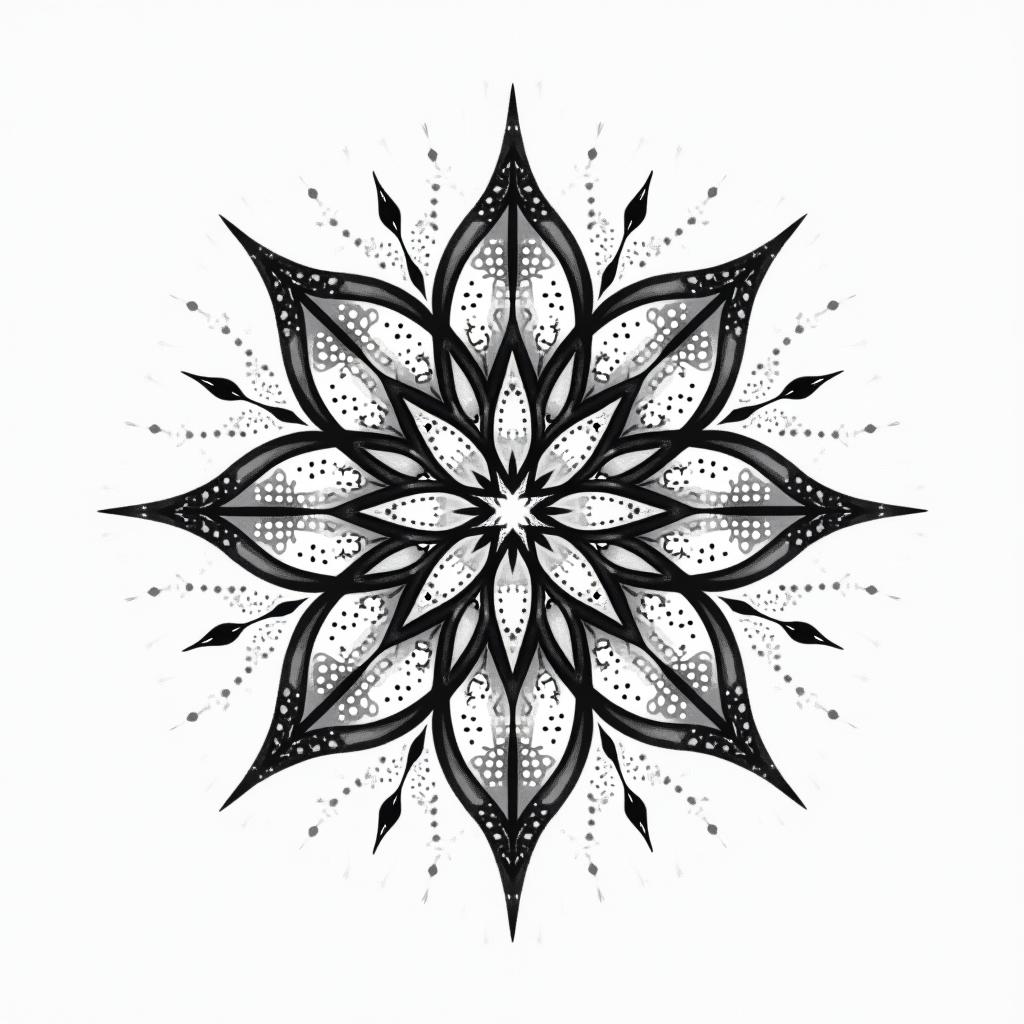 Sparkle star royalin dotwork style tattoo, complex mandala patterns, interlocking geometric shapes with sharp symmetry, clean lines, sharp angles - Variation 2