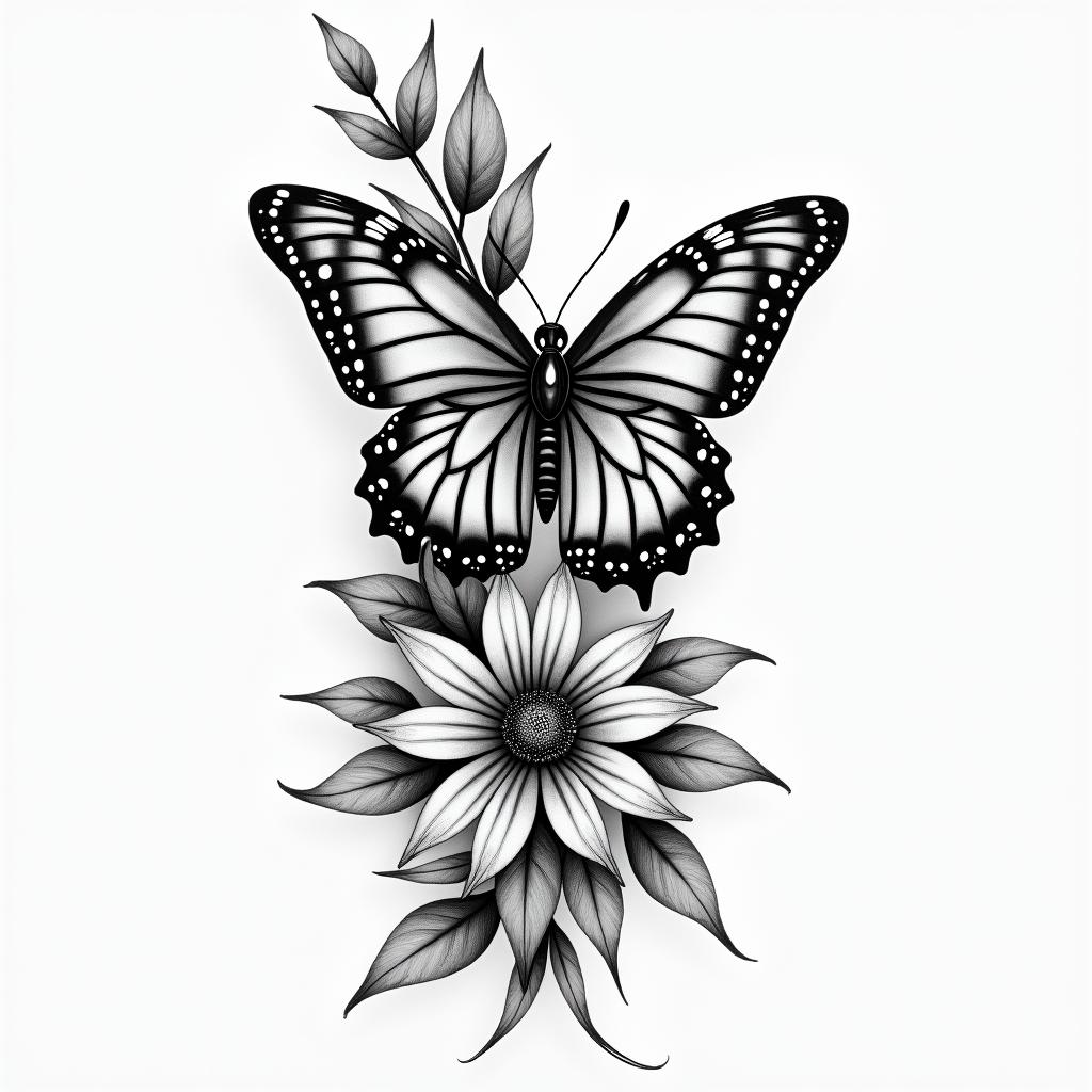 Floral wrist bracelet with butterflyhigly detailed tattoo - Variation 4