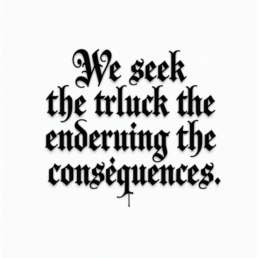 We seek the truth and endure the consequencestext-based tattoo, gothic font ultra-realistic, perfectly placed, high-quality font design, photo-realistic shading, 8k, high quality, finely detailed typography - Variation 2