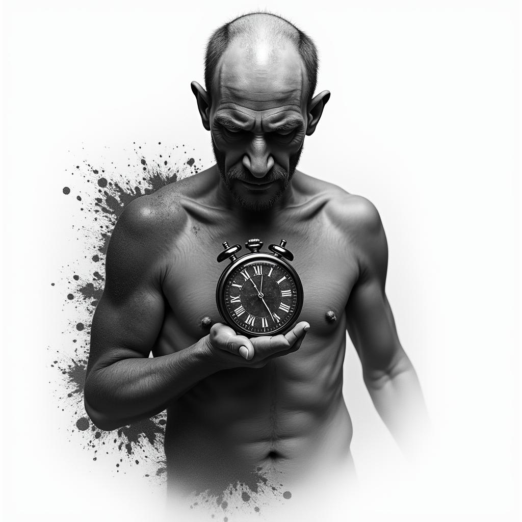 A withering man holding a black pocket watch, symbolizing the theme of running out of time. The bottom half of his body is transforming into dust, reflecting the passage of time and decay. The overall style is bold and black in color, capturing a somber yet poignant atmosphere.higly detailed tattoo
