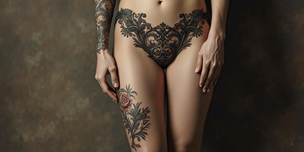 Renaissance paintingin victorian style tattoo, featuring vintage and elegant elements, ornate frames, roses, antique, sepia-toned color scheme - Variation 2