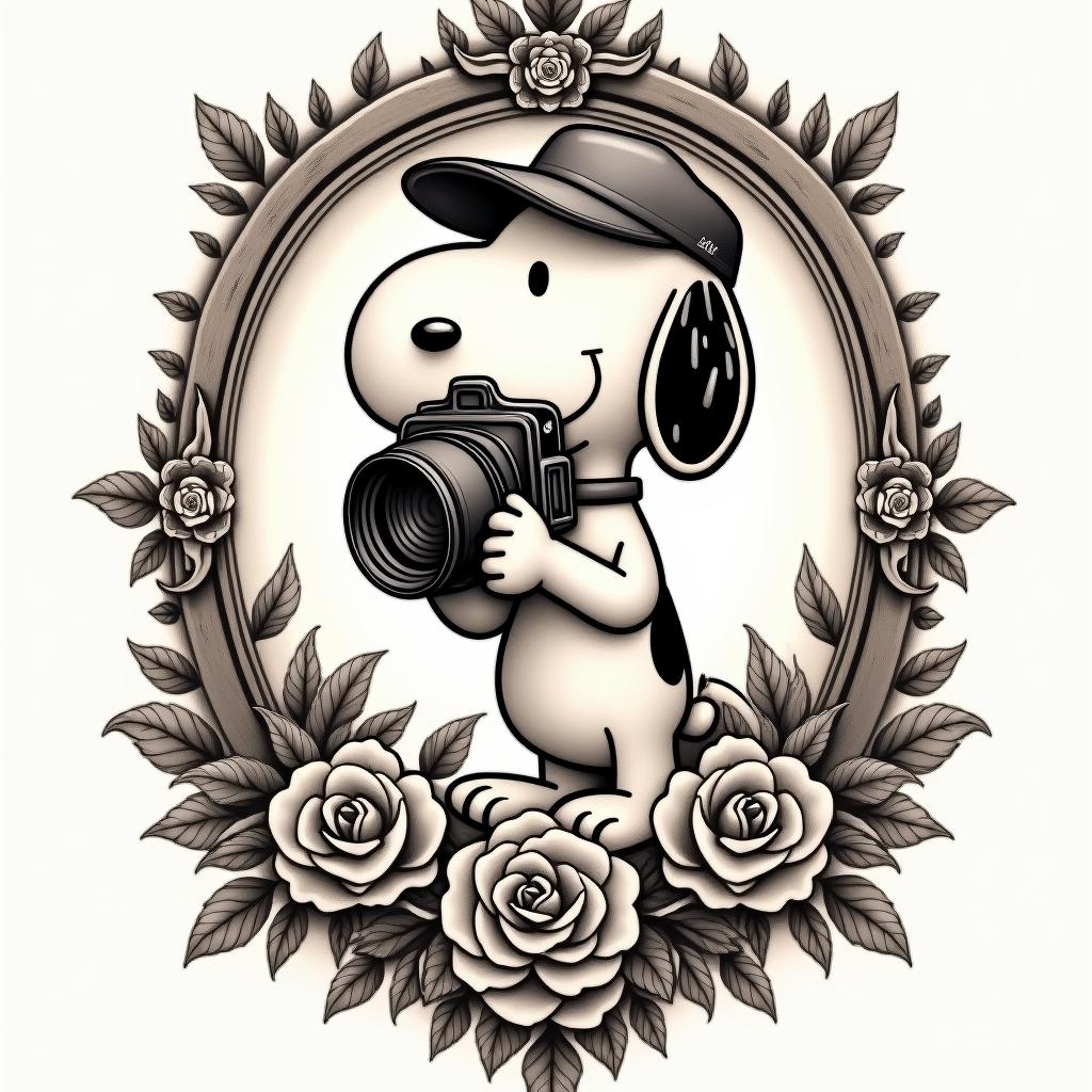 Snoopy wearing cap backwards holding camerain victorian style tattoo, featuring vintage and elegant elements, ornate frames, roses, antique, sepia-toned color scheme - Variation 4
