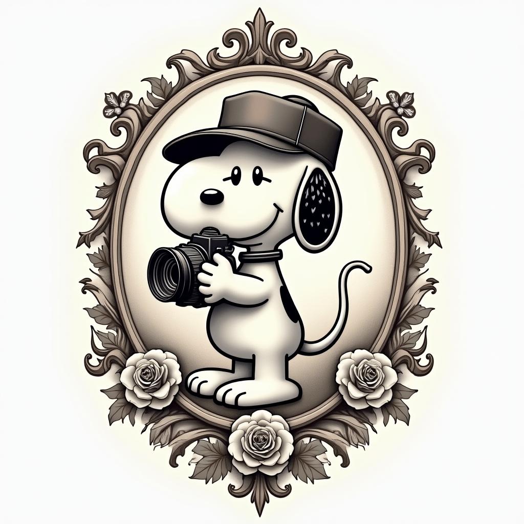 Snoopy wearing cap backwards holding camerain victorian style tattoo, featuring vintage and elegant elements, ornate frames, roses, antique, sepia-toned color scheme