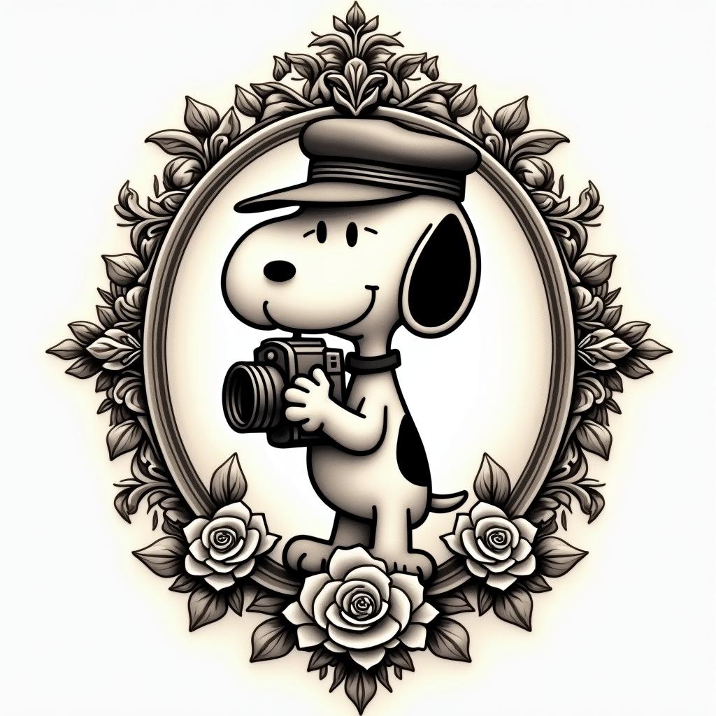 Snoopy wearing cap backwards holding camerain victorian style tattoo, featuring vintage and elegant elements, ornate frames, roses, antique, sepia-toned color scheme - Variation 2
