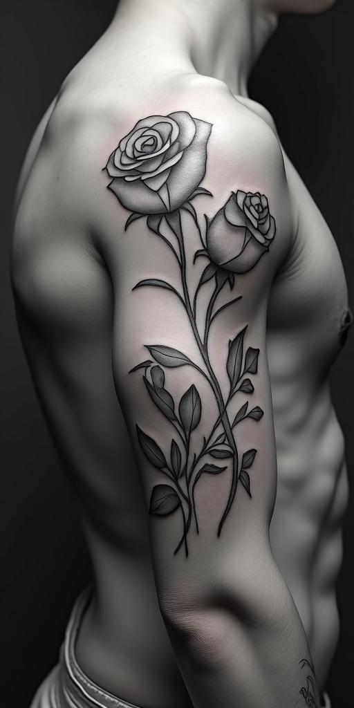 Two rosesin Modest style tattoo, featuring soft, delicate line work with simple and meaningful symbols, gentle waves, a heart, evoking a sense of serenity and grace,