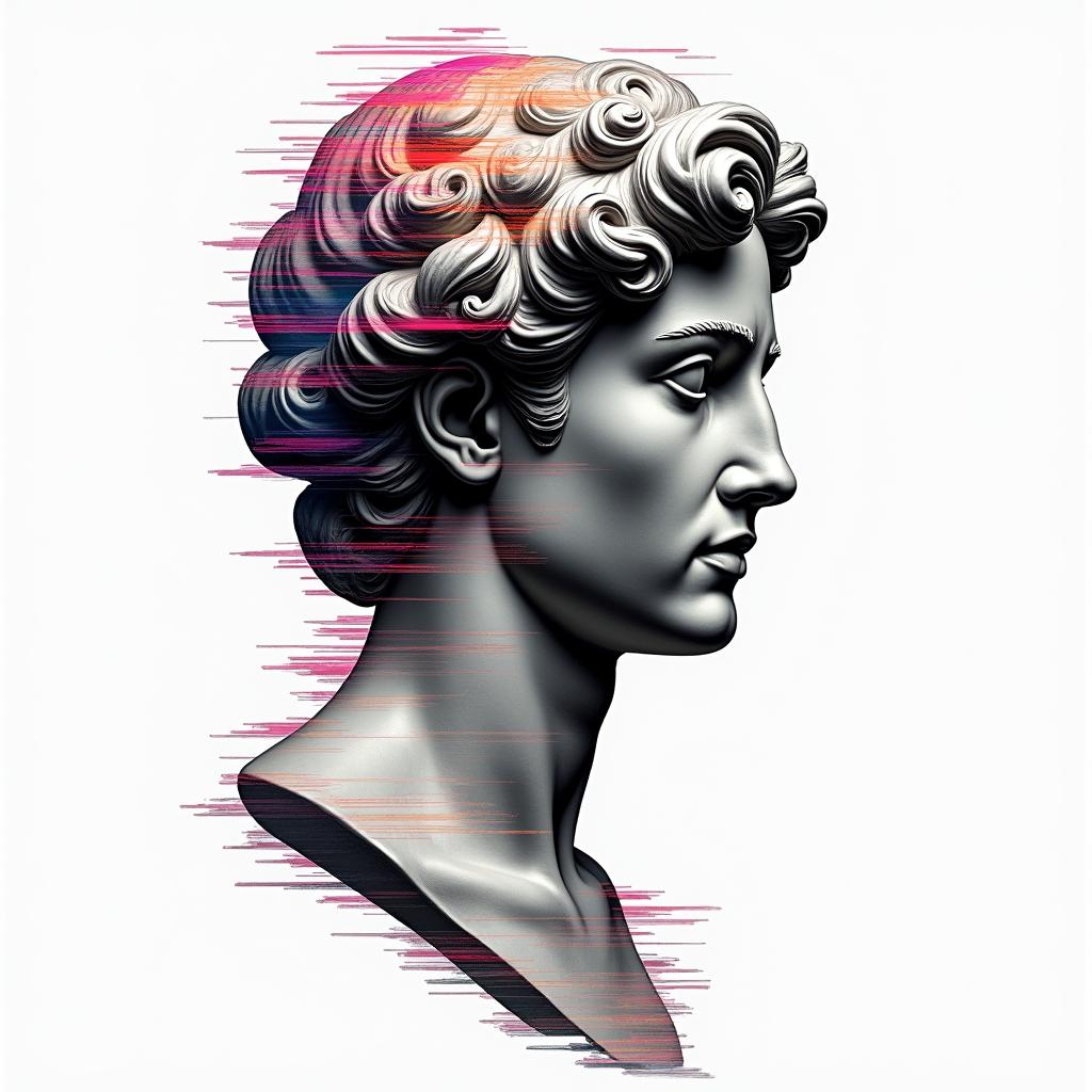 The mind chasing freedom while the heart chases lifein distorted and fragmented tattoo design, featuring a classical statue bust, in a glitch art style with vibrant, overlapping colors of cyan, magenta, and yellow, creating a digital distortion effect - Variation 2