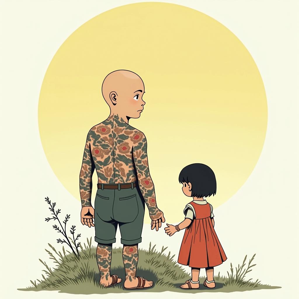 We seek the truth and endure the consequencesGhibli, Studio Ghibli aesthetic, hand-drawn anime style, retro nostalgic atmosphere, retro soft pastel color palette with earthy tones, retro Japanese cinematic shot, yellow tint effect, bald character, smooth surface, anime shadow 90's anime style