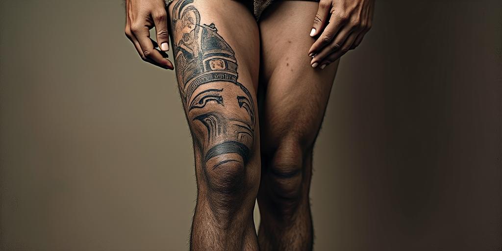 Renaissance paintingin egyptian style tattoo, bold elements of ancient egyptian culture including a portrait of an Egyptian pharaoh with detailed facial features, in hieroglyphs and symbolic imagery, eye of horus, ankh symbol, scarab beetle - Variation 2