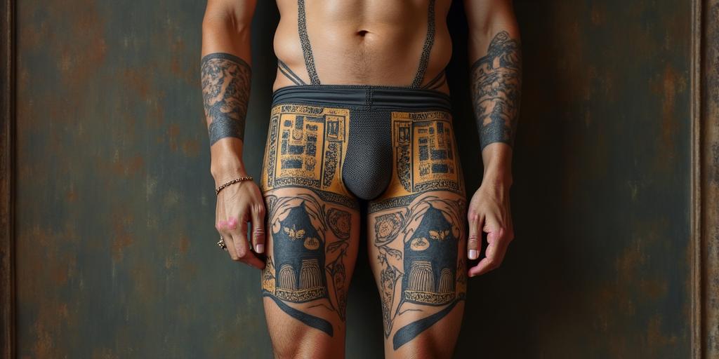 Renaissance paintingin egyptian style tattoo, bold elements of ancient egyptian culture including a portrait of an Egyptian pharaoh with detailed facial features, in hieroglyphs and symbolic imagery, eye of horus, ankh symbol, scarab beetle - Variation 3