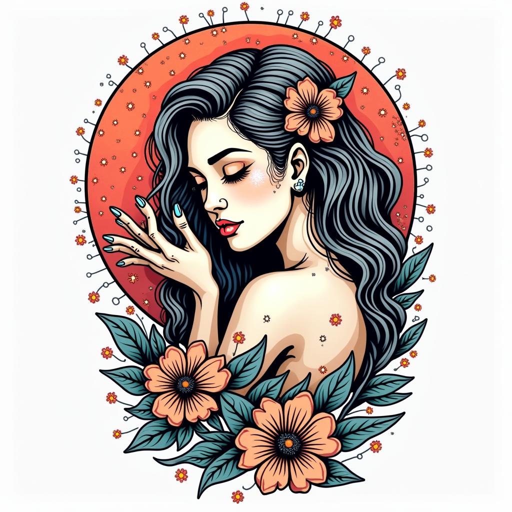 Mother, religious trauma, late lesbian, sensitive, fun, free pisces, words of affirmation,
affectionate, fun and deepin pop art style tattoo, featuring bold and vibrant colors, exaggerated outlines, iconic imagery, inspired by comic books and speech bubbles, comic book characters, retro pop culture - Variation 2
