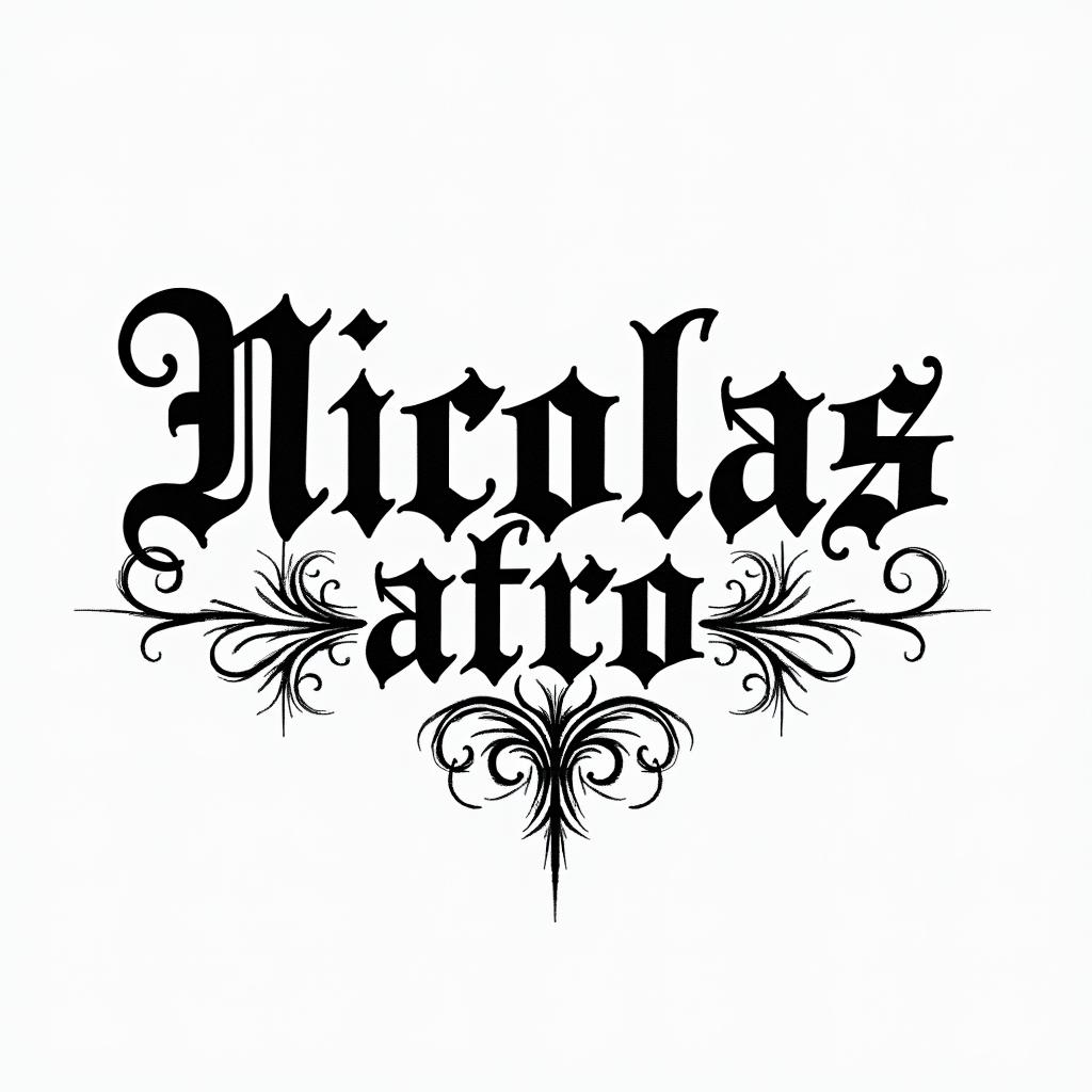 Nicolastext-based tattoo, gothic font ultra-realistic, perfectly placed, high-quality font design, photo-realistic shading, 8k, high quality, finely detailed typography - Variation 3