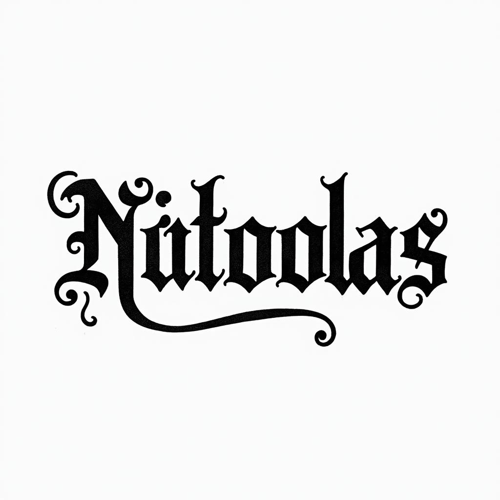 Nicolastext-based tattoo, gothic font ultra-realistic, perfectly placed, high-quality font design, photo-realistic shading, 8k, high quality, finely detailed typography