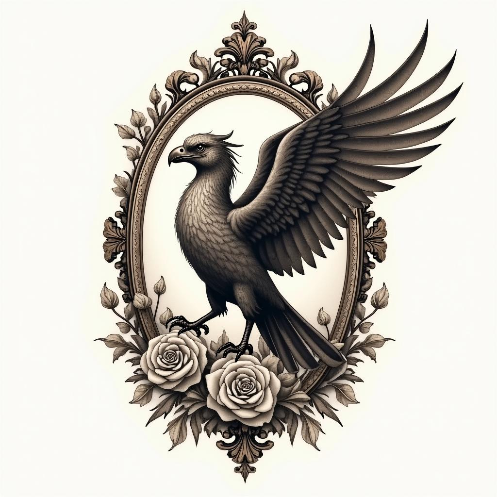 Griffin birdin victorian style tattoo, featuring vintage and elegant elements, ornate frames, roses, antique, sepia-toned color scheme - Variation 4