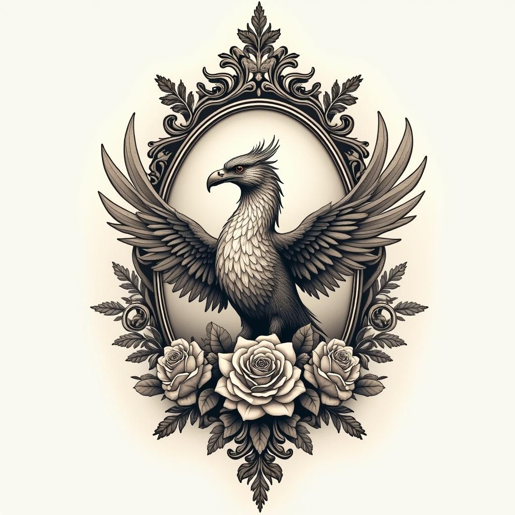Griffin birdin victorian style tattoo, featuring vintage and elegant elements, ornate frames, roses, antique, sepia-toned color scheme - Variation 2