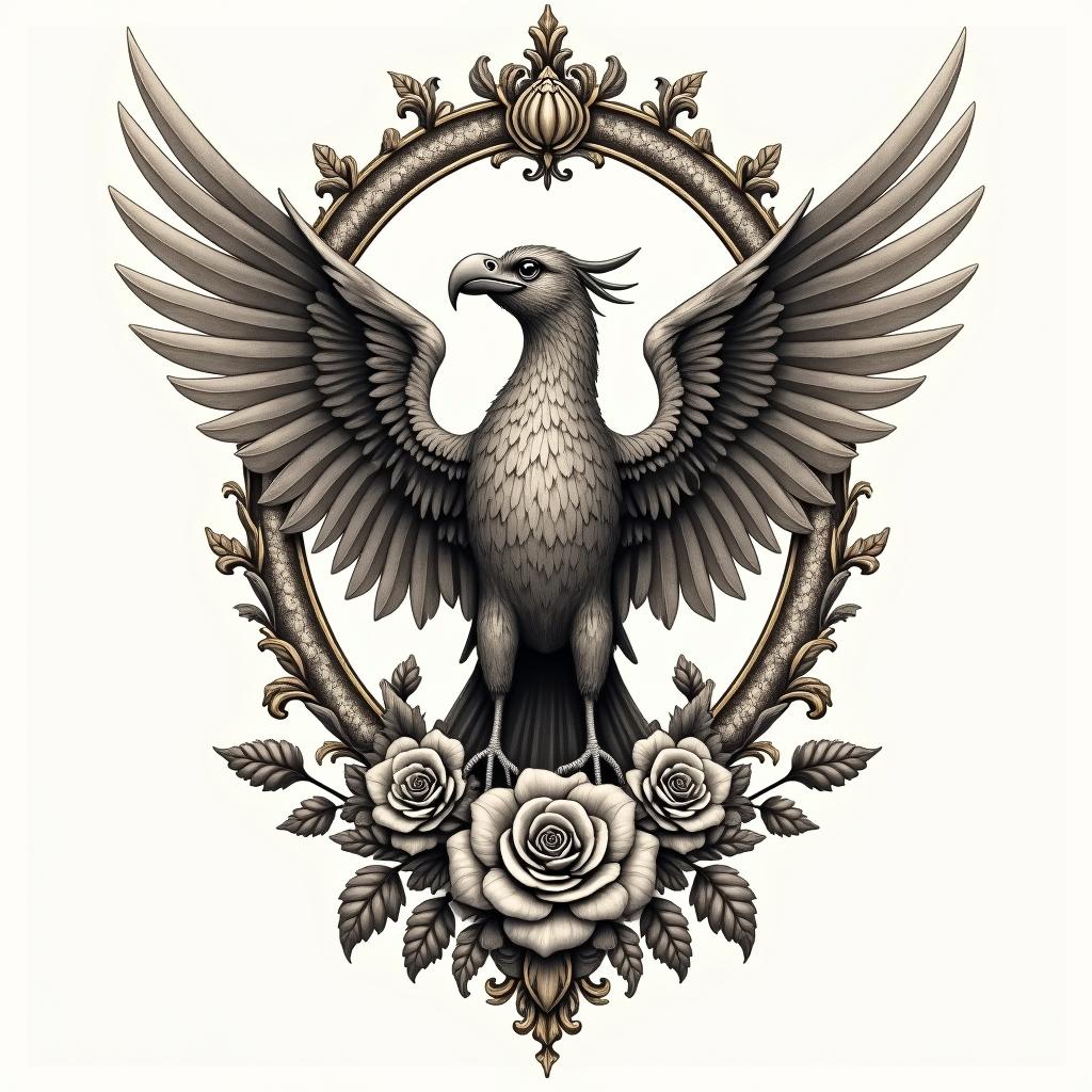 Griffin birdin victorian style tattoo, featuring vintage and elegant elements, ornate frames, roses, antique, sepia-toned color scheme