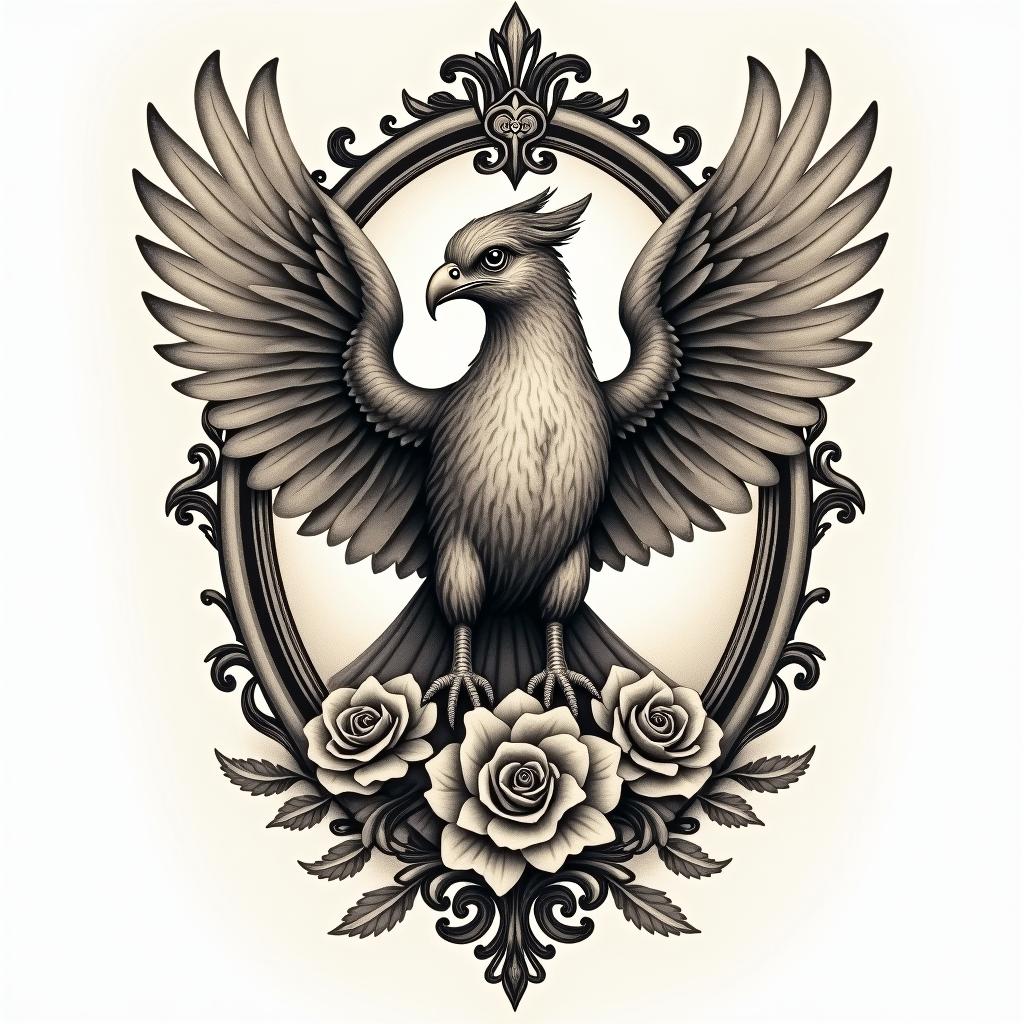 Griffin birdin victorian style tattoo, featuring vintage and elegant elements, ornate frames, roses, antique, sepia-toned color scheme - Variation 3