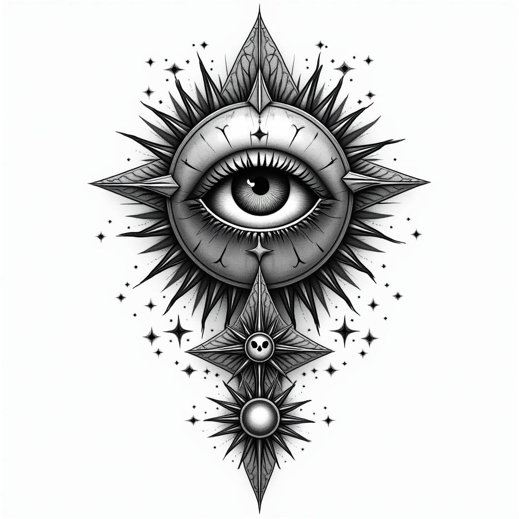 We seek the truth and endure the consequencesin prophecy tattoo style, featuring mystical symbols, celestial imagery like stars, moons, suns, geometric patterns, foretelling elements, an eye of wisdom - Variation 2