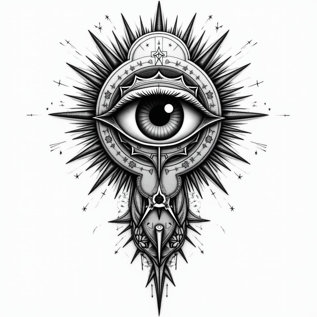 We seek the truth and endure the consequencesin prophecy tattoo style, featuring mystical symbols, celestial imagery like stars, moons, suns, geometric patterns, foretelling elements, an eye of wisdom - Variation 3