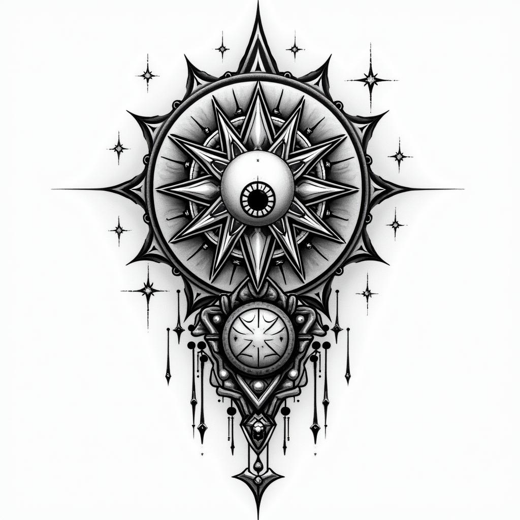 We seek the truth and endure the consequencesin prophecy tattoo style, featuring mystical symbols, celestial imagery like stars, moons, suns, geometric patterns, foretelling elements, an eye of wisdom