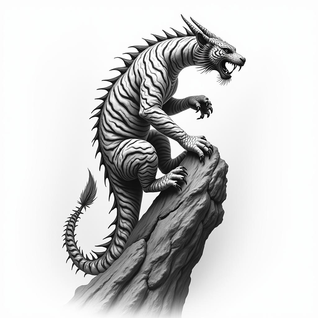 Dragon passing true body climing up on the back on rocky surface thoward white tigerhigly detailed tattoo