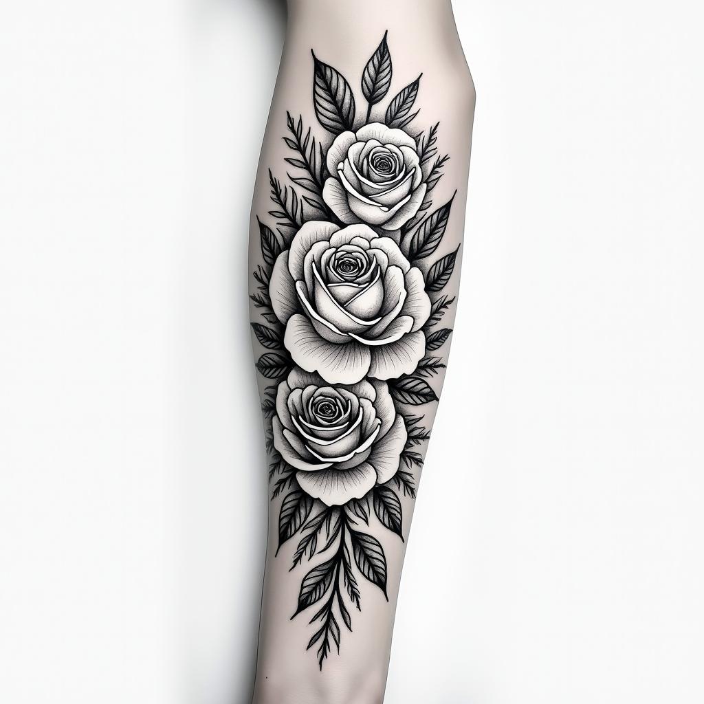 Forearm tattoo. With roses of different sizes but not too big. Thin lines.in bohemian style tattoo, 8k - Variation 2