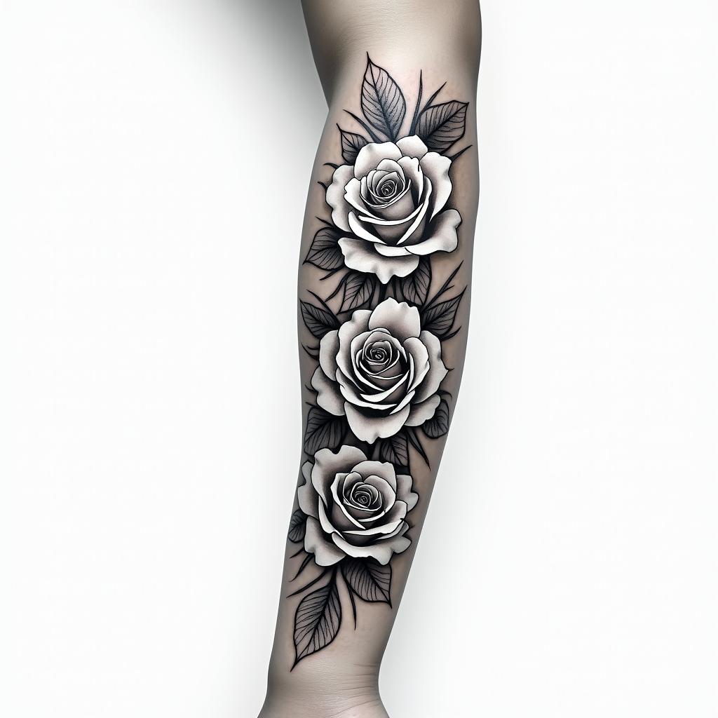 Forearm tattoo. With roses of different sizes but not too big. Thin lines.in bohemian style tattoo, 8k - Variation 3