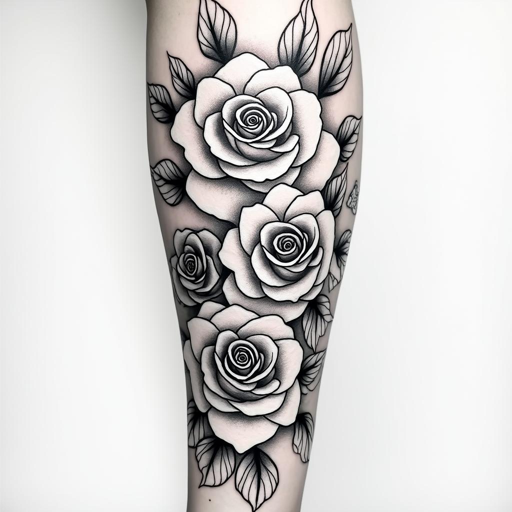 Forearm tattoo. With roses of different sizes but not too big. Thin lines.in bohemian style tattoo, 8k - Variation 4