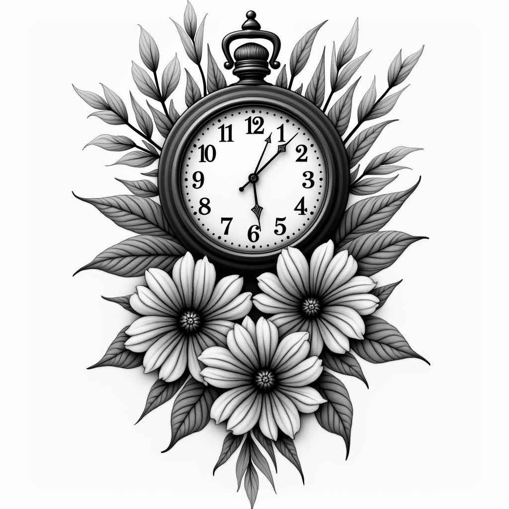 clock, family, husband, flowershigly detailed tattoo