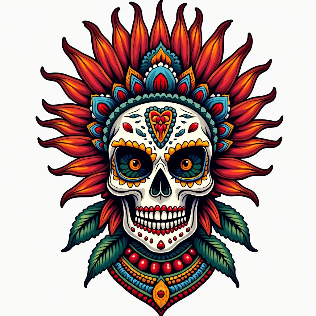 Mictlantecutliin pop art style tattoo, featuring bold and vibrant colors, exaggerated outlines, iconic imagery, inspired by comic books and speech bubbles, comic book characters, retro pop culture - Variation 2