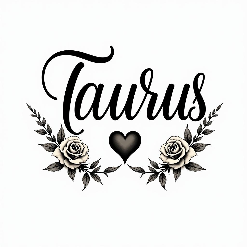 Taurus and Scorpioin elegant cursive calligraphy style 2d tattoo, decorate with roses, featuring a smooth and flowing handwritten script with slightly thickened strokes for a luxurious and bold appearance,  heart symbol between names,  sleek and glossy black text with shadowing, minimalist matte white background, clean and sharp edges, illuminated with soft lighting, romantic, 8k, high-quality textures with refined typography