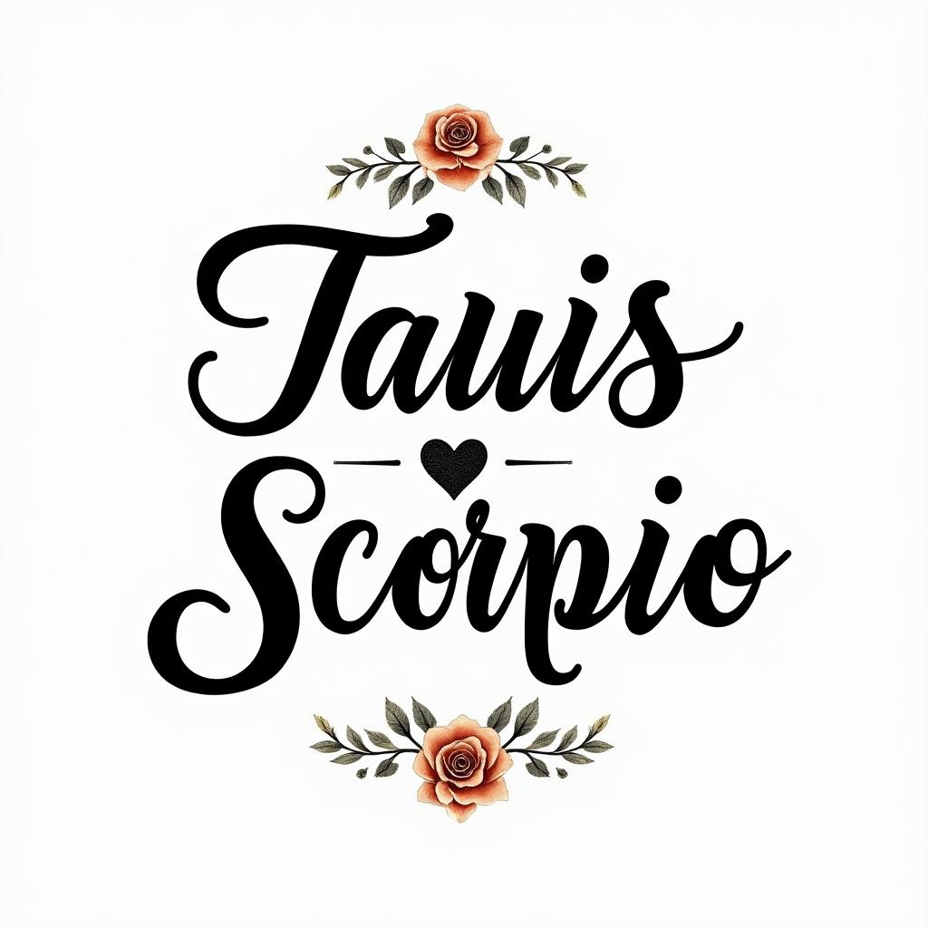 Taurus and Scorpioin elegant cursive calligraphy style 2d tattoo, decorate with roses, featuring a smooth and flowing handwritten script with slightly thickened strokes for a luxurious and bold appearance,  heart symbol between names,  sleek and glossy black text with shadowing, minimalist matte white background, clean and sharp edges, illuminated with soft lighting, romantic, 8k, high-quality textures with refined typography - Variation 2