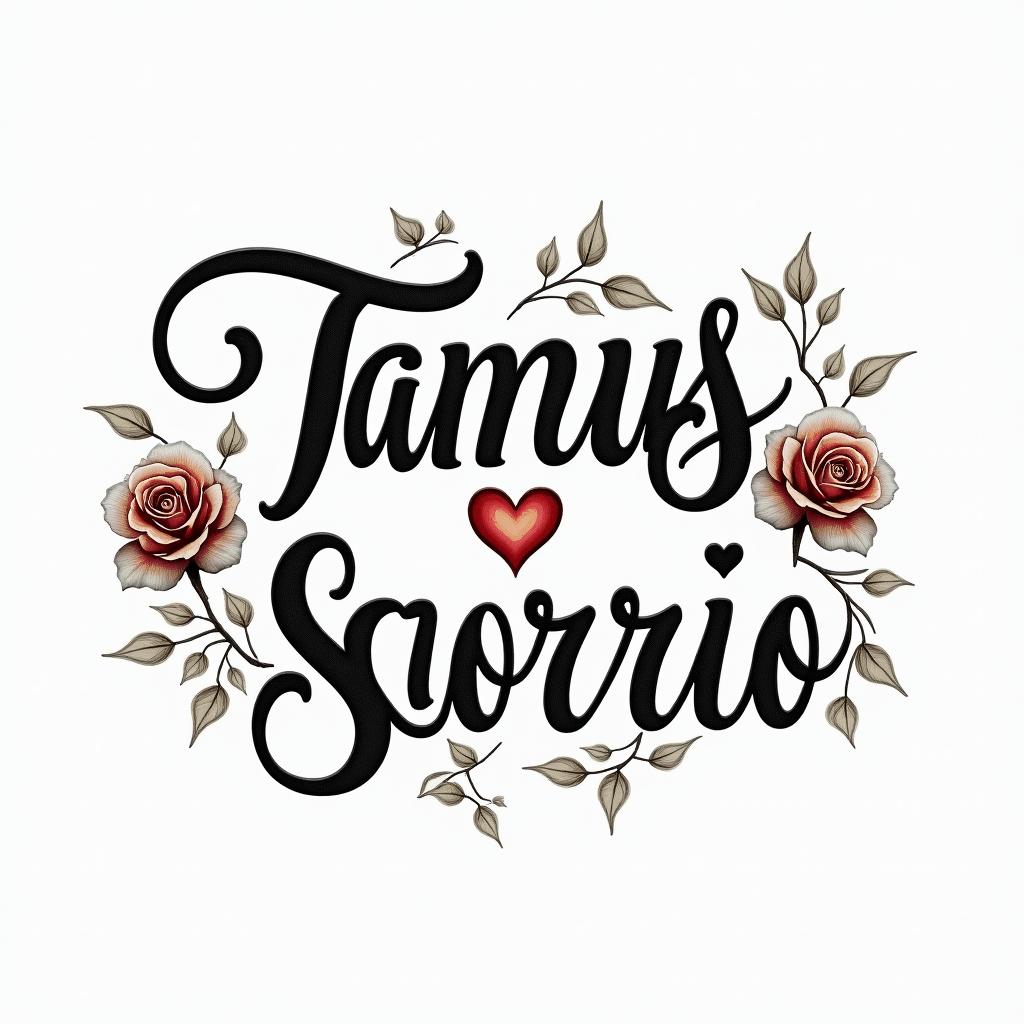Taurus and Scorpioin elegant cursive calligraphy style 2d tattoo, decorate with roses, featuring a smooth and flowing handwritten script with slightly thickened strokes for a luxurious and bold appearance,  heart symbol between names,  sleek and glossy black text with shadowing, minimalist matte white background, clean and sharp edges, illuminated with soft lighting, romantic, 8k, high-quality textures with refined typography - Variation 3