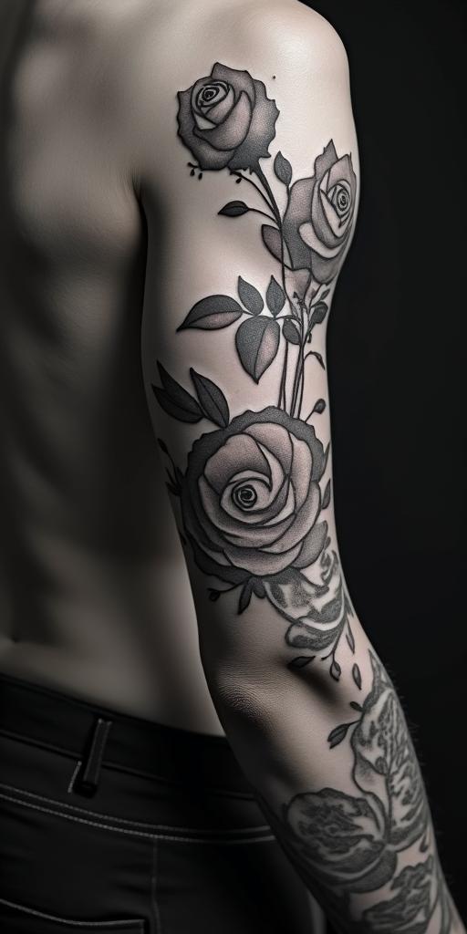 Two rosesin realism tattoo style, featuring a highly detailed, lifelike, capturing every detail, photorealistic, ultra realistic, intricate shading, smooth and sharp,   - Variation 2