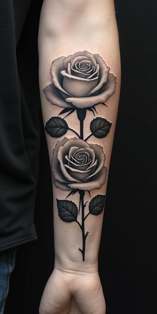 Two rosesin realism tattoo style, featuring a highly detailed, lifelike, capturing every detail, photorealistic, ultra realistic, intricate shading, smooth and sharp,   - Variation 4