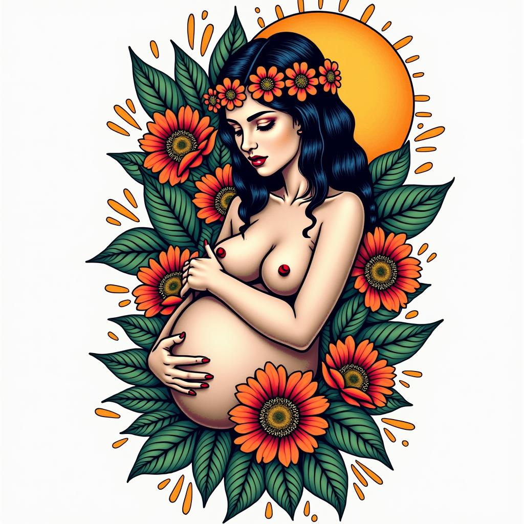 Birth, Mother Earth, photography, doulain pop art style tattoo, featuring bold and vibrant colors, exaggerated outlines, iconic imagery, inspired by comic books and speech bubbles, comic book characters, retro pop culture - Variation 4