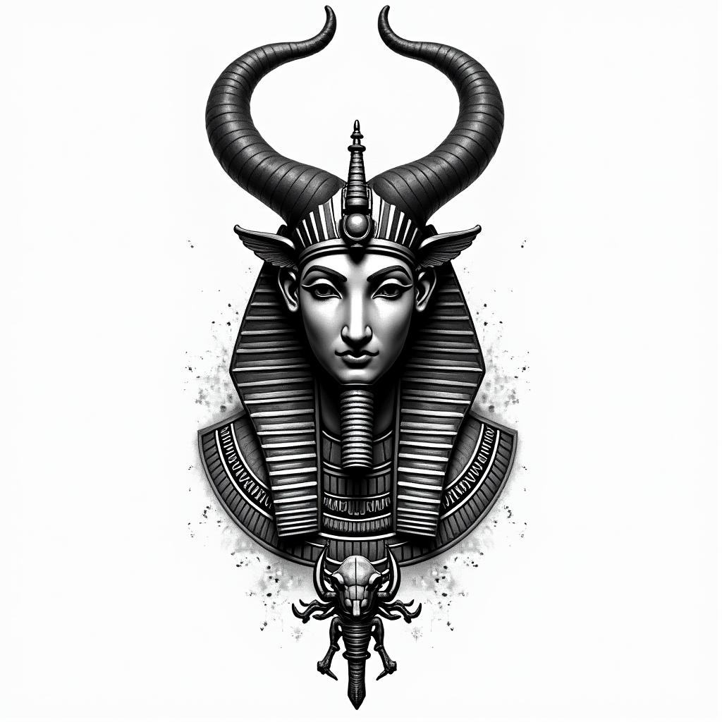 Letter Taurus 25 years oldin egyptian style tattoo, bold elements of ancient egyptian culture including a portrait of an Egyptian pharaoh with detailed facial features, in hieroglyphs and symbolic imagery, eye of horus, ankh symbol, scarab beetle