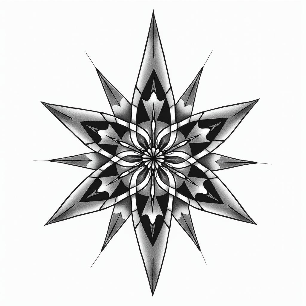 Nature sparkle star in geometric style tattoo, blending hexagons, mandala-inspired patterns, symmetrical and fractal design, clean lines, sharp angles - Variation 2