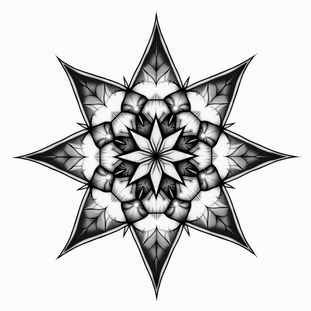 Nature sparkle star in geometric style tattoo, blending hexagons, mandala-inspired patterns, symmetrical and fractal design, clean lines, sharp angles - Variation 4