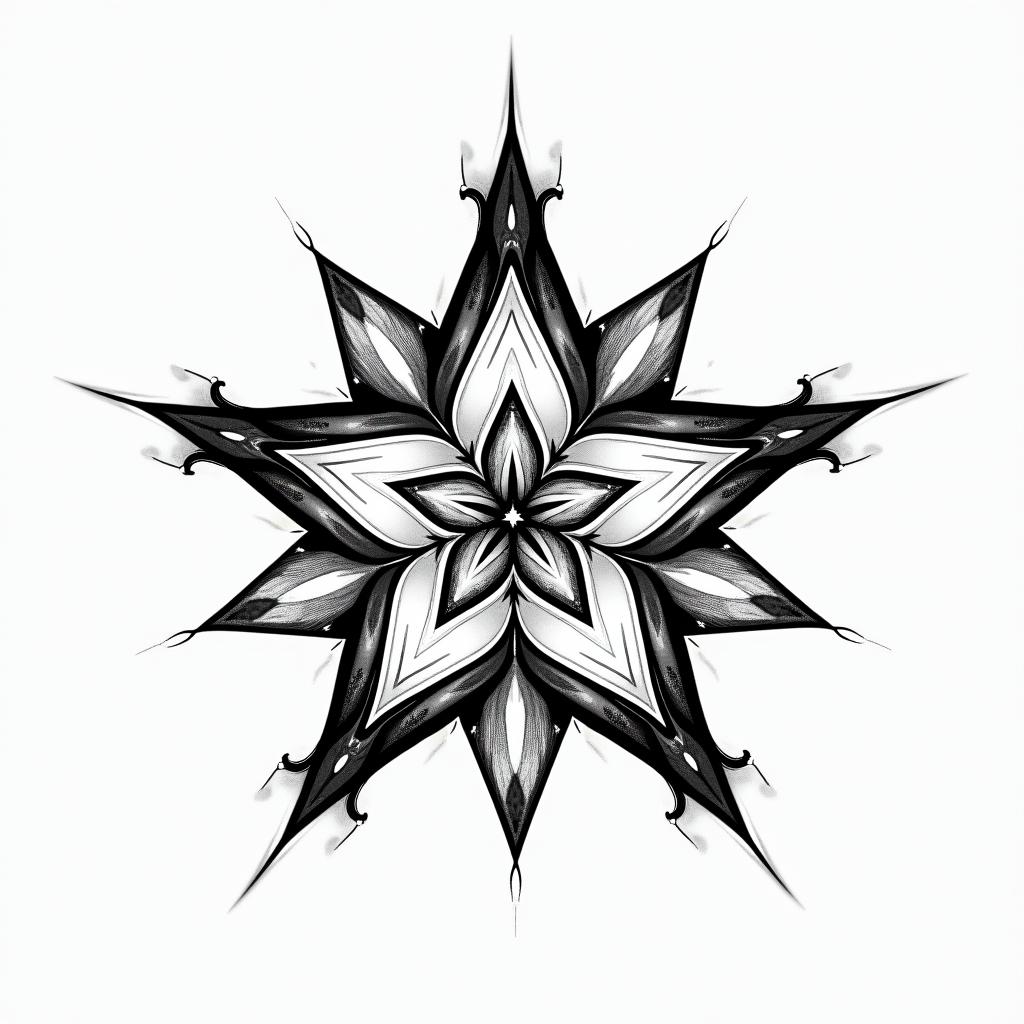 Nature sparkle star in geometric style tattoo, blending hexagons, mandala-inspired patterns, symmetrical and fractal design, clean lines, sharp angles - Variation 3