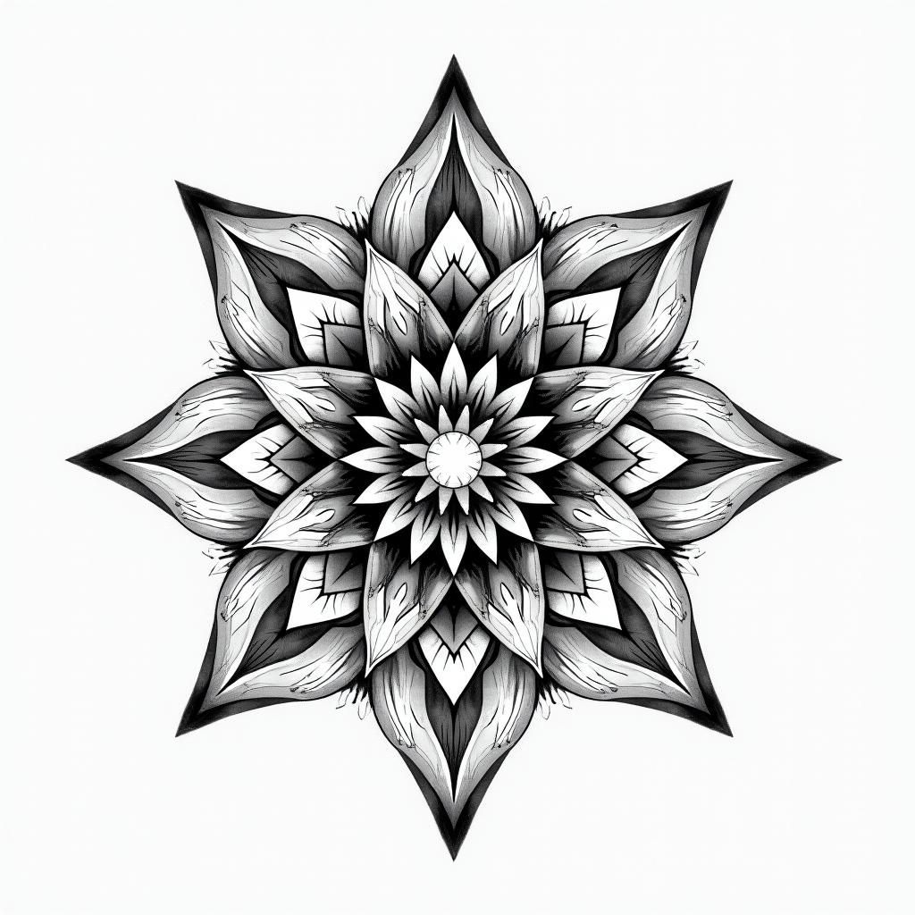 Nature sparkle star in geometric style tattoo, blending hexagons, mandala-inspired patterns, symmetrical and fractal design, clean lines, sharp angles
