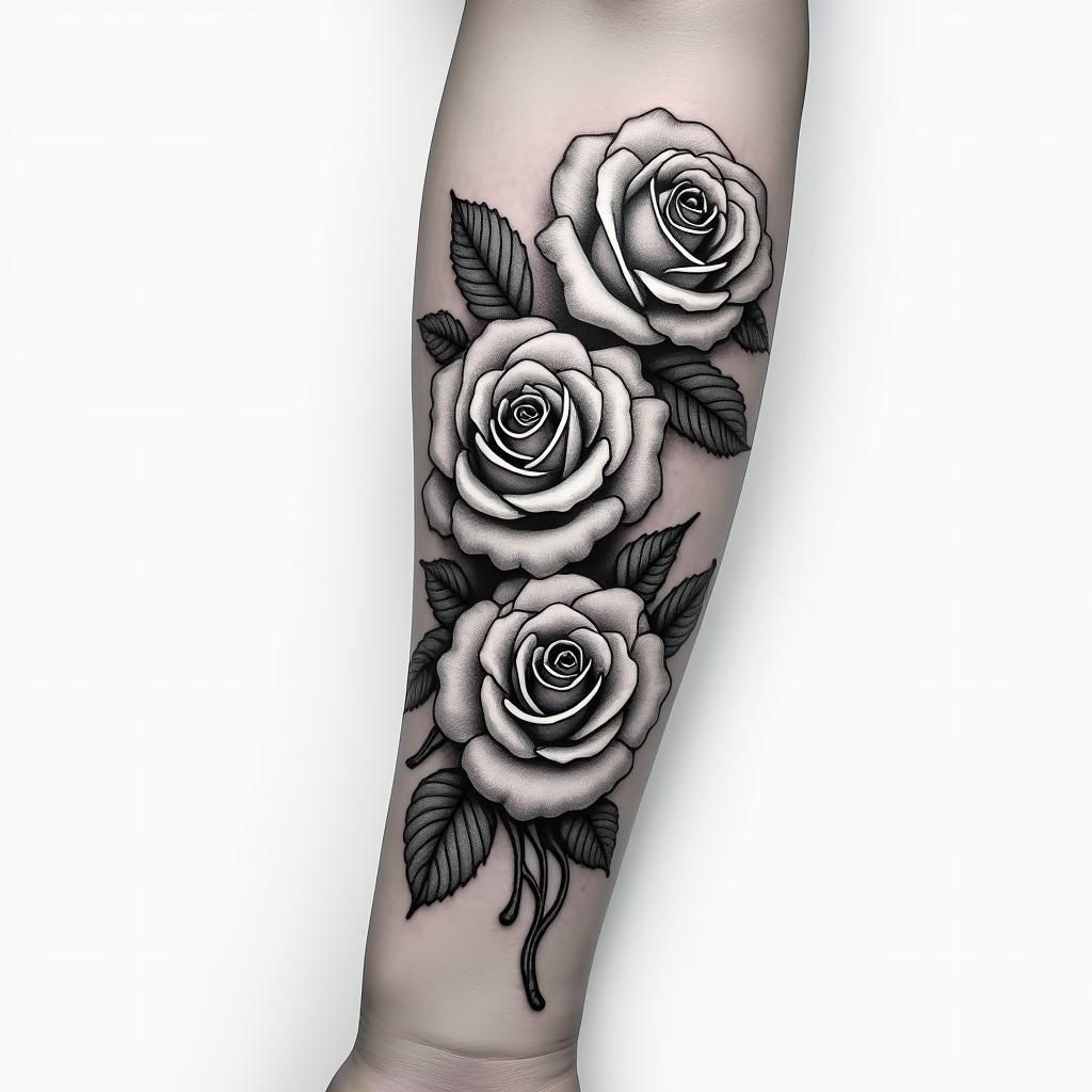 Forearm tattoo. With roses of different sizes but not too big. Fine lines.in realism tattoo style, featuring a highly detailed, lifelike, capturing every detail, photorealistic, ultra realistic, intricate shading, smooth and sharp,   - Variation 3