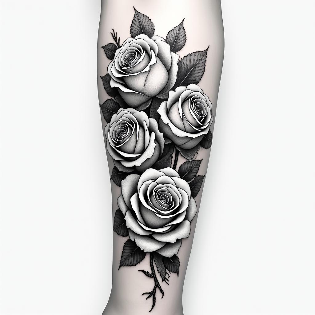 Forearm tattoo. With roses of different sizes but not too big. Fine lines.in realism tattoo style, featuring a highly detailed, lifelike, capturing every detail, photorealistic, ultra realistic, intricate shading, smooth and sharp,  