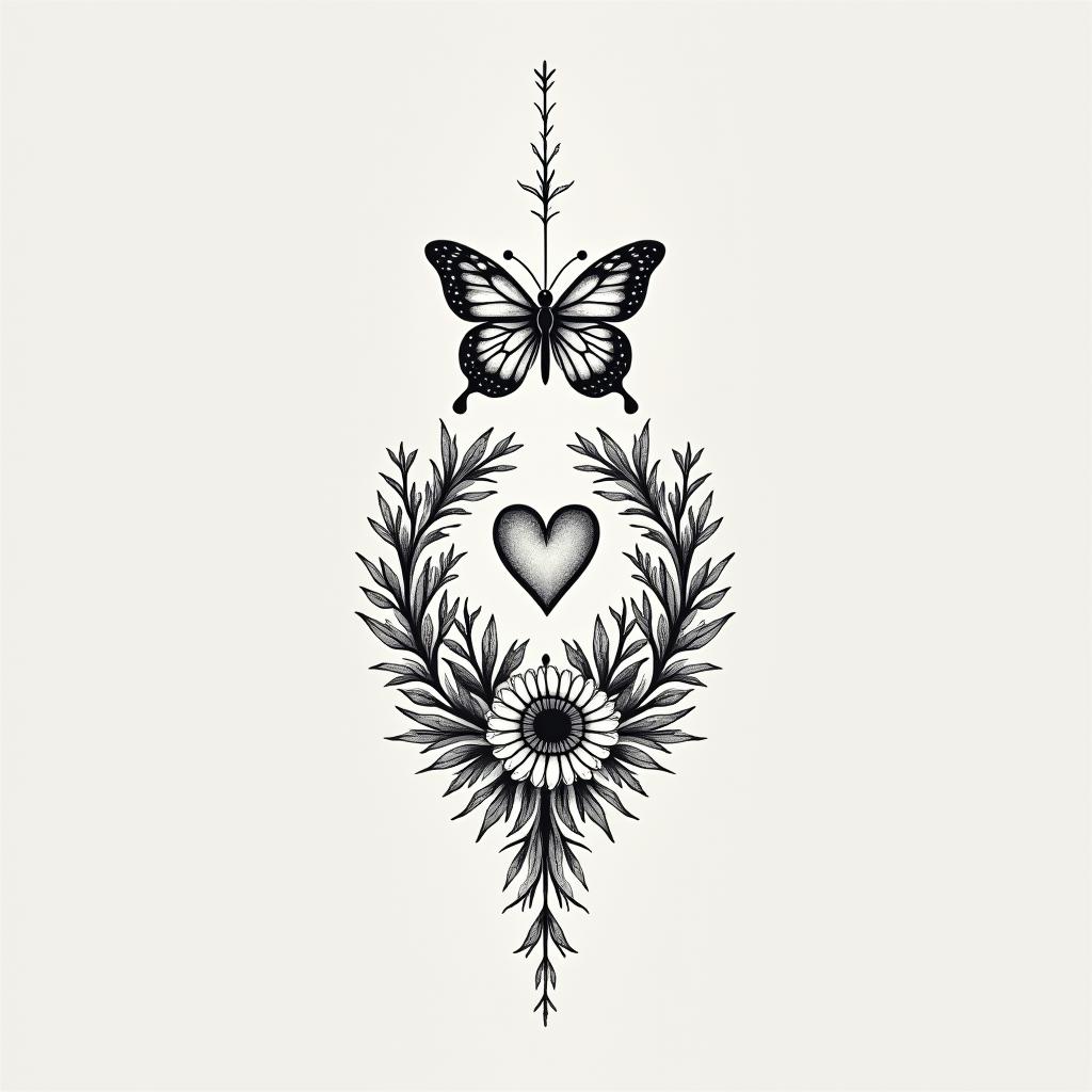 Bracelet floral, vine, butterflyin Modest style tattoo, featuring soft, delicate line work with simple and meaningful symbols, gentle waves, a heart, evoking a sense of serenity and grace,