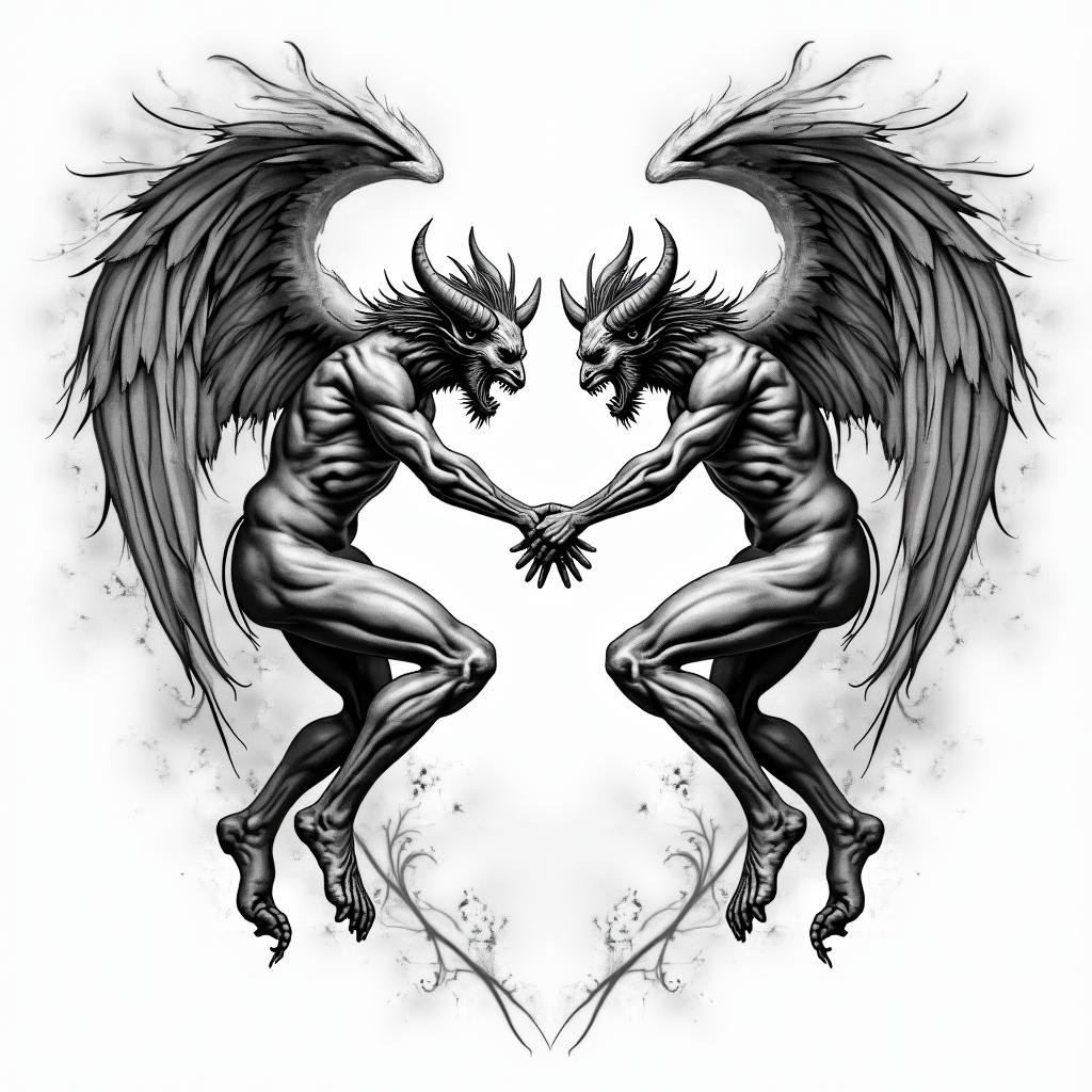 Renaissance demon battling angelshigly detailed tattoo - Variation 2